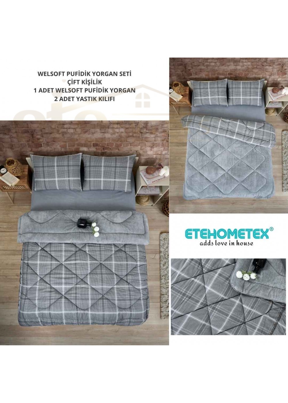 ETE HOMETEX ÇİFT KİŞİLİK LÜX WELSOFT YORGAN SETİ 195X215CM SAFİR GRİ 8696474231948
